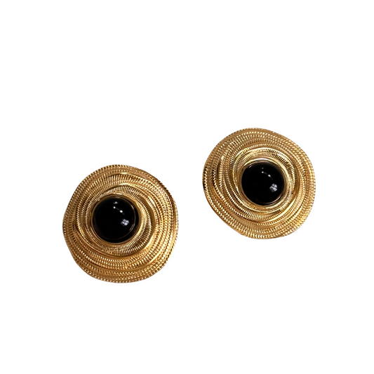 Elegant gold tone earrings with black stones, inspired by marigold petals. Waterproof, tarnish free, stainless steel & 18K gold plating.